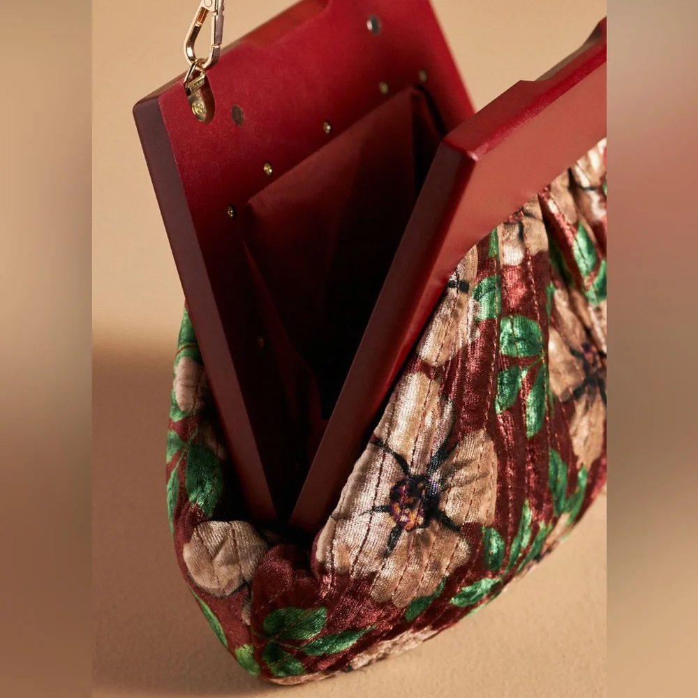 Anthropologie Pleated Velvet Clutch in Pink Combo NWT